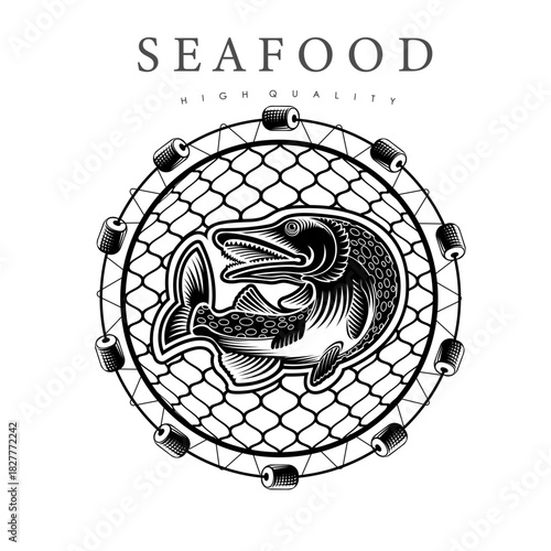 Pike vector emblem with fishing net background isolated on white. Design of label for canned fish and seafood