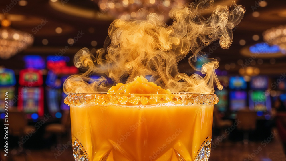 Fototapeta premium Golden Frozen Cocktail with Sugared Rim and Smoking Dry Ice in Luxury Casino Bar Setting