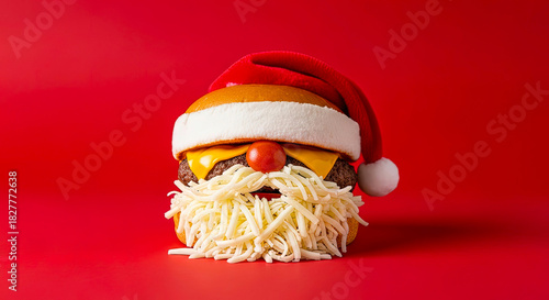 Festive Santa Burger With Cheese And Mustache Topped Bun On Red Background Holiday Cheer Delight