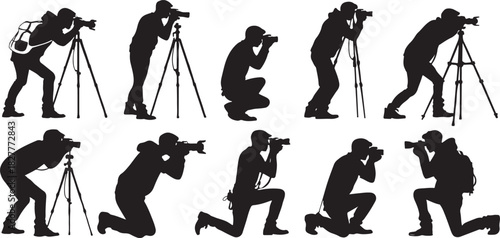 Silhouette of photographers in various poses with cameras and tripods