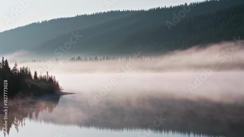 Misty Morning Lake Scene with Forest and Mountain Reflection.