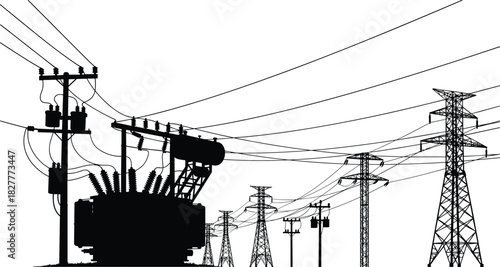 Silhouette Vector Illustration of Large Electric Transformer Substation and High Voltage Transmission Towers for Power Grid Infrastructure Perspective