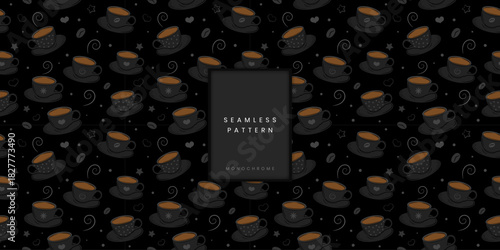 Seamless pattern of brown coffee in monochrome cups and heart steam on a black background
