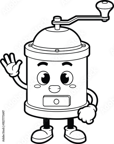 Cute manual coffee grinder cartoon character waving hand, black and white line art vector illustration, kitchen tool coloring page