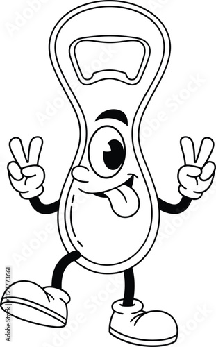 Funny bottle opener cartoon character with tongue out showing peace sign, black and white line art vector illustration, retro mascot coloring page