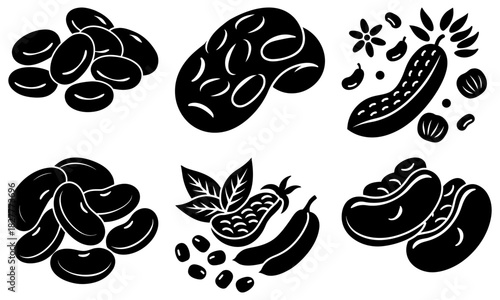 Variety of beans and legumes: Black and white collection ideal for nutrition, vegan, and healthy food projects, originally from scalable vector graphics