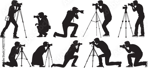 Silhouette of photographers in various poses with cameras and tripods