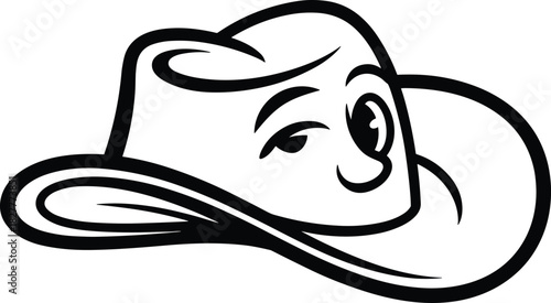 Funny cowboy hat cartoon character with winking face, black and white line art vector illustration, western mascot design