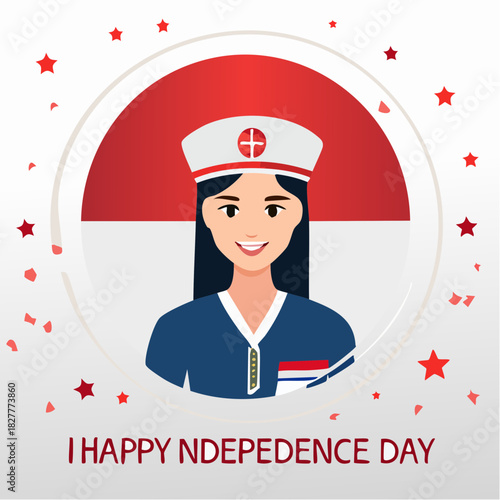 Illustration of a smiling nurse in a circular frame with a red and white background and text reading 'Happy Independence Day'.
