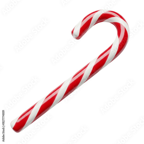 Candy cane isolated on transparent background – red and white striped curved stick with glossy surface. 