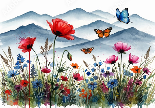 Vibrant watercolor painting of a spring meadow with wildflowers and butterflies amidst misty mountains