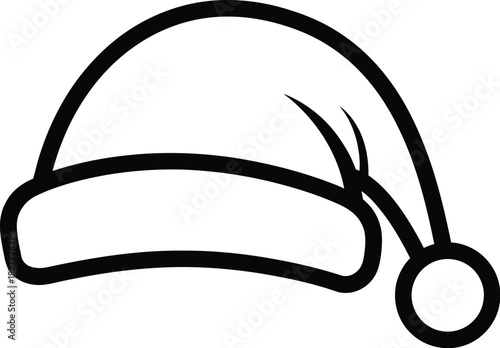 Simple black and line art icon depicting a classic santa claus hat with a pompom tip