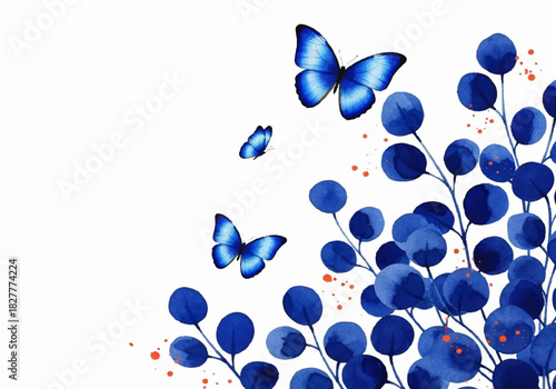 Elegant watercolor illustration featuring vibrant blue butterflies gracefully interacting with botanical shapes, serene artwork