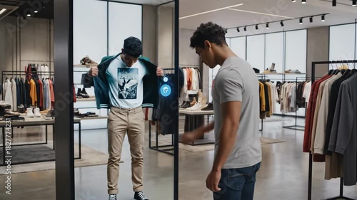 Augmented Reality Virtual Fitting in Modern Store - A man uses an augmented reality application to virtually try on clothing in a modern clothing store.