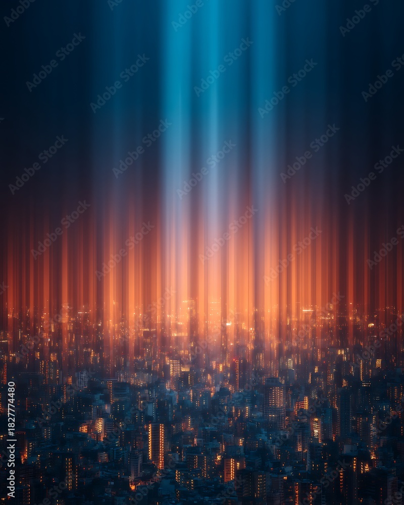 Fototapeta premium A mesmerizing cityscape featuring vibrant light beams piercing through the skyline, blending urban architecture with an ethereal glow.