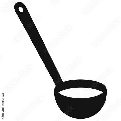 Soup ladle icon with long handle, black kitchen serving utensil symbol