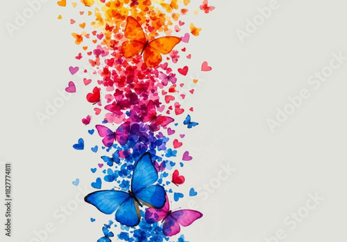 A whimsical watercolor illustration featuring a dynamic cascade of vibrant butterflies and tiny hearts