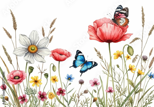 Vibrant watercolor meadow with diverse wild flowers, poppies, daffodils, and graceful butterflies in a natural setting illustration