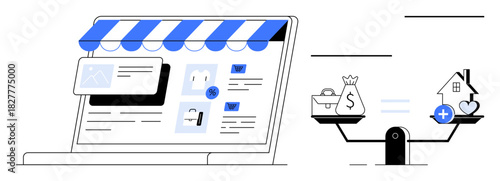 E-commerce concept. E-commerce online store functionality and balance between finance and life priorities. E-commerce supporting digital trade, retail, financial growth, and decision-making