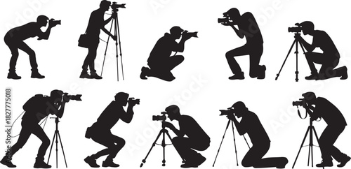 Silhouette of photographers in various poses with cameras and tripods