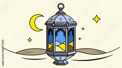 Ramadan lantern with moon and stars illustration
