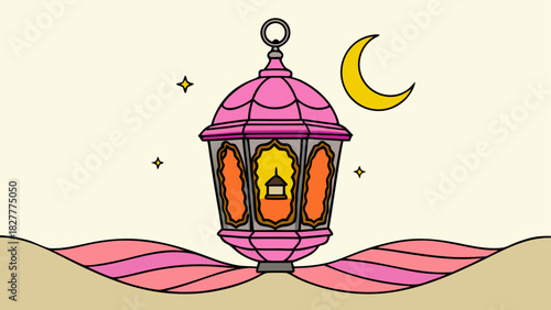 Pink lantern with moon and stars in the desert