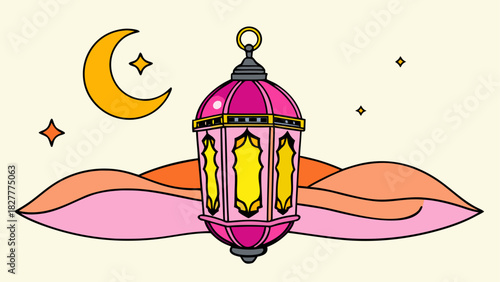 Illustration of a lantern with moon and stars