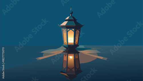 A lantern reflecting on the water at nighttime