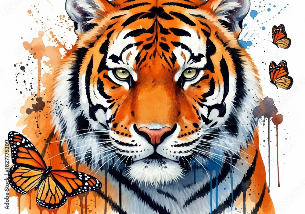 Naklejka premium Vibrant watercolor tiger with bold orange stripes, paint splatters, and small butterflies