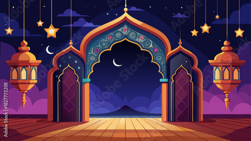 Ornate archway with lanterns and starry night sky