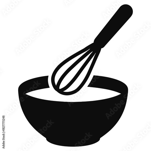 Whisk mixing bowl icon for baking recipes, black kitchen silhouette symbol