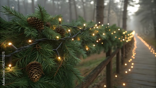 Festive christmas garland with warm fairy lights and pine cones adorning a wooden railing along a misty forest path