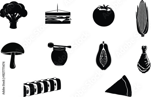 Monochrome food icons featuring vegetables and prepared dishes
