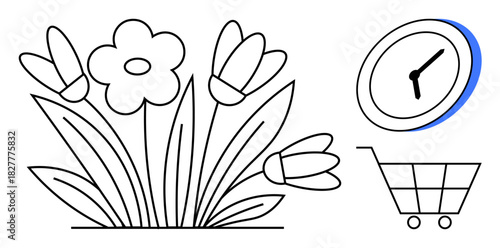 Flowers in bloom paired with a clock and shopping cart, blending themes of nature, time, and market dynamics. Ideal for sustainability, retail, time management, environmental awareness, growth