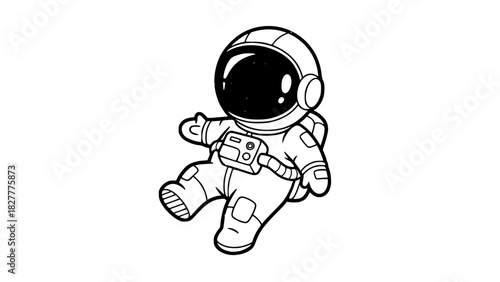 Vector illustration of a cute astronaut floating in zero gravity, isolated, clean line art, minimalistic style, high contrast, no background