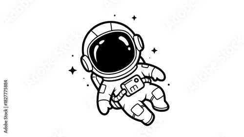 Vector illustration of a cute astronaut floating in zero gravity, isolated, clean line art, minimalistic style, high contrast, no background