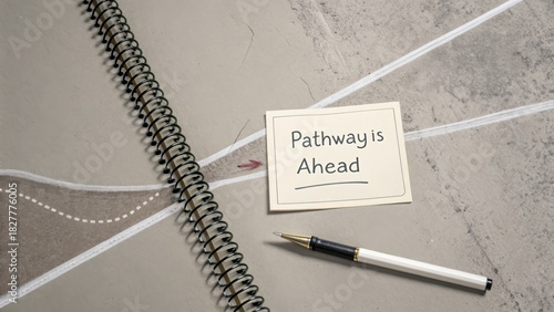 Note reading Pathway is Ahead lying on a notebook and diagram