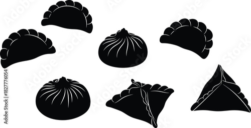 Assorted dumplings black and white illustration on white