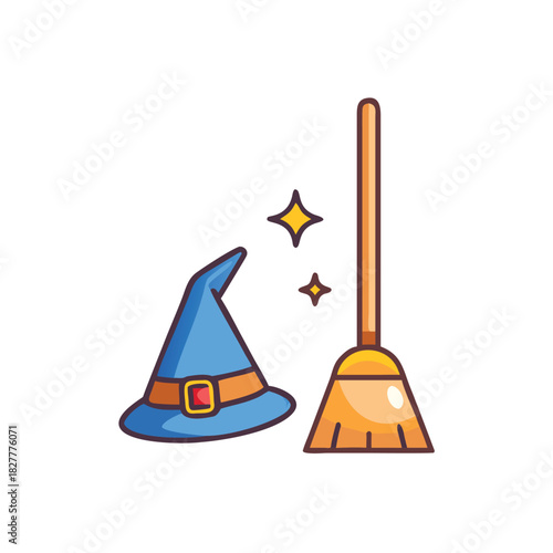 Broom And Hat Combo Vector Color Icon Illustration