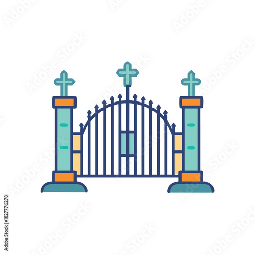 Cemetery Gate Vector Color Icon Illustration