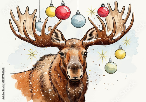 Majestic watercolor moose portrait adorned with festive holiday ornaments and winter snow with sparkling details