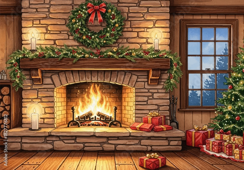 A heartwarming watercolor illustration depicting a cozy Christmas living room scene with a glowing fireplace, festive holiday decorations, and snow-covered window view, evoking seasonal warmth