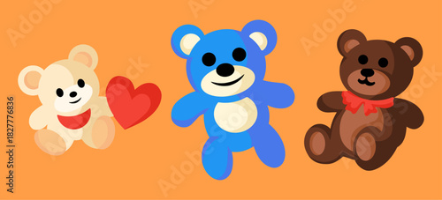 Three cute, funny, colorful teddy bear mascots. Vector illustration set.