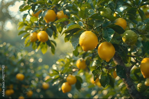 Lemon tree close-up with sunlit fruits and glossy green leaves.


