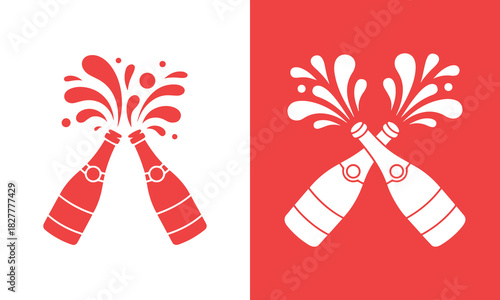 Two crossed champagne bottles with splashing liquid in red and white color scheme for celebration