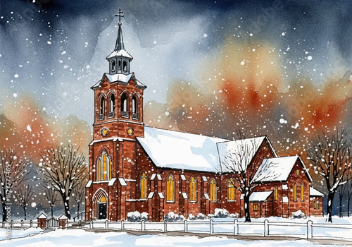 Enchanting watercolor illustration capturing a historic church in a serene winter wonderland snowfall
