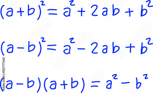 Three fundamental algebraic identities: binomial squares and difference of squares. Essential math formulas for expansion and factoring.