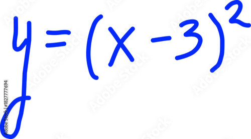 Handwritten parabola equation y=(x-3)^2. Basic algebra and geometry formula for quadratic functions and graphing curves. Math education aid.
