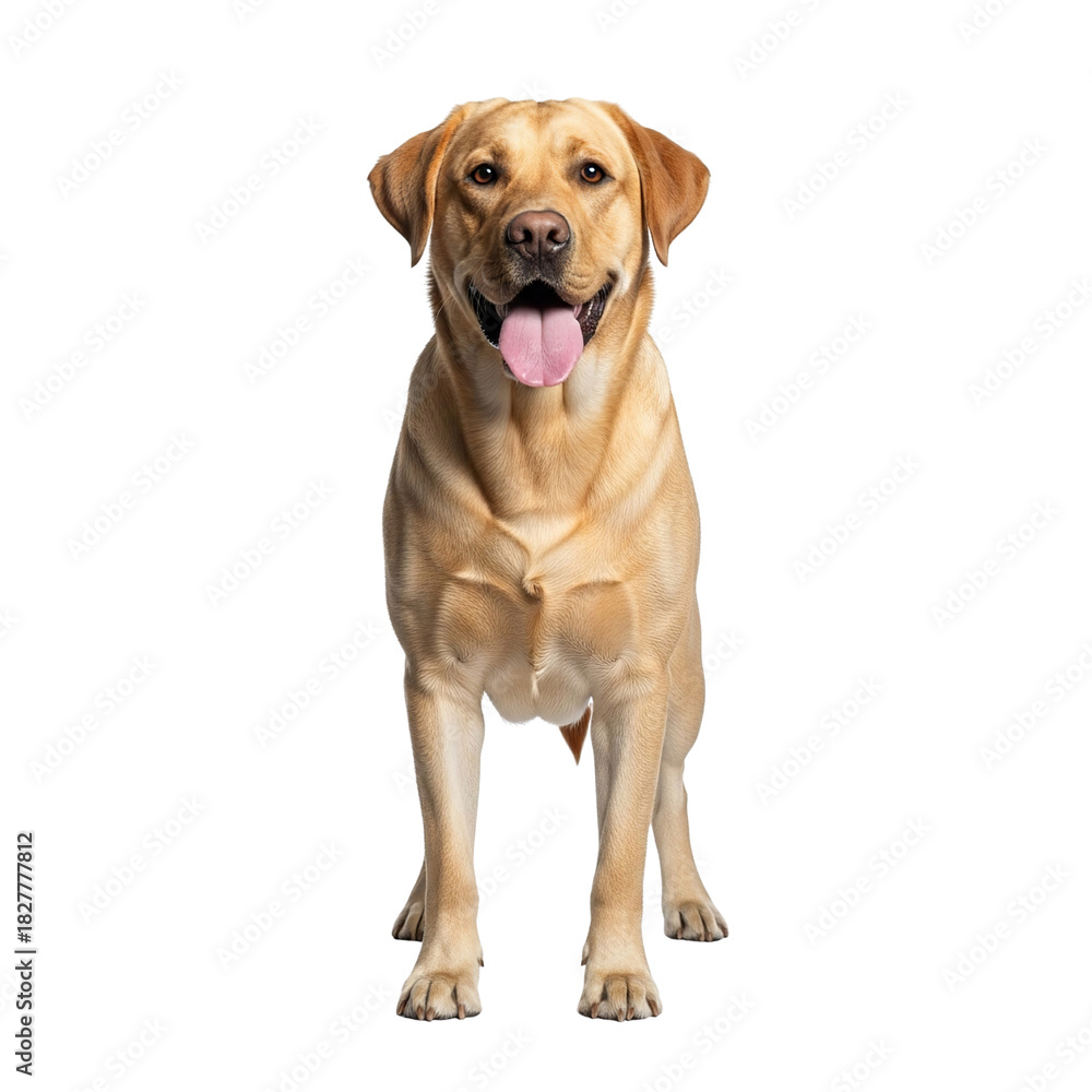 Obraz premium Studio shot of a friendly, well-groomed Labrador Retriever dog species, standing tall and proud. This purebred dog breed, against a clean white background