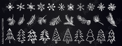 Sketch chalk of snowflakes, pine branches and trees. Set of white snowflakes and pine branches on transparent background. Crayon winter decoration elements drawn by chalk.